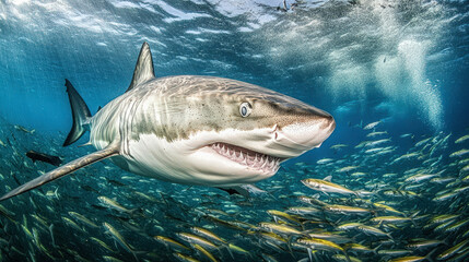 Fototapeta premium Tiburón en primer plano rodeado de peces en aguas profundas, mostrando sus afilados dientes.