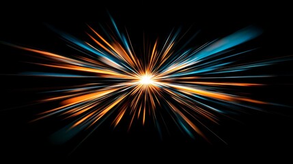Fototapeta premium Abstract blue and orange light rays radiating outwards from a bright white center against a black background.