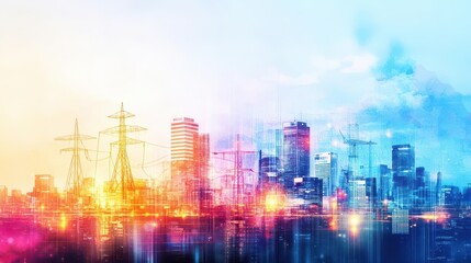 Fototapeta premium Modern cityscape at dusk with electric grids, watercolor wash with glowing light effects of renewable power