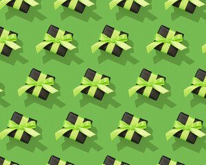 Stylish black gift boxes with bright green ribbons on a vibrant green background. Seamless pattern.