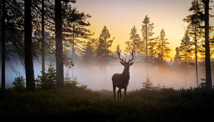 Fototapeta premium A serene scene with a deer standing in the middle of a misty forest at dawn. Soft light filters through the trees, creating a peaceful, ethereal atmosphere.