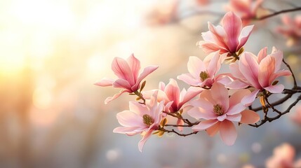 Fototapeta premium Pastel pink magnolia flowers blooming on a sunlit branch, warm glow and soft bokeh background, celebrating spring s delicate beauty