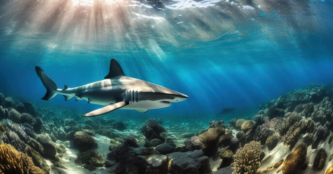 Tibur&oacute;n nadando sobre un arrecife de coral iluminado por rayos de sol en aguas claras y tranquilas.