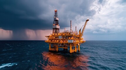 Resilient Offshore Oil Rig Against Dark Stormy Sky