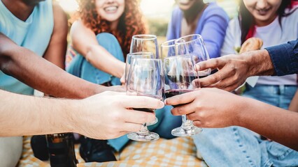 Wine party, People hands toast with glasses at winery vineyard experience. Friends have fun drinking in picnic together
