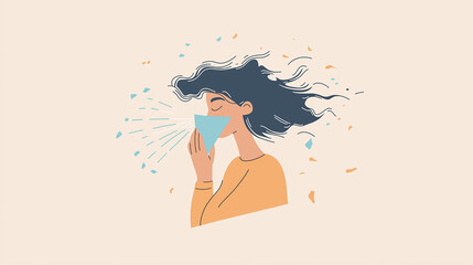 Woman sneezing with tissue in hand, hair blowing in air