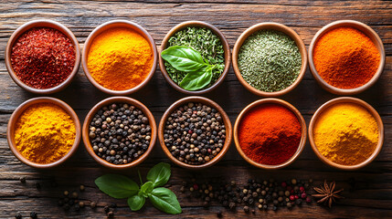 A vibrant array of flavorful spices and fresh herbs elegantly arranged on a rustic wooden table, celebrating the essence of culinary art and natural ingredients.