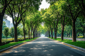 Fototapeta premium Long road with trees on both sides. The trees are green and the sky is blue. The road is empty and there are no cars or people
