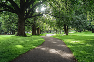 Path in a park with trees on either side. The path is surrounded by grass and is shaded by the trees