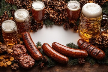 Rustic beer and sausage celebration with pinecones and evergreen accents