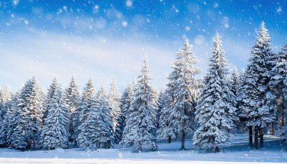 Fototapeta premium A serene winter forest scene with snow-covered pine trees, gently falling snowflakes, and a peaceful ambiance perfect for a holiday or winter-themed design.