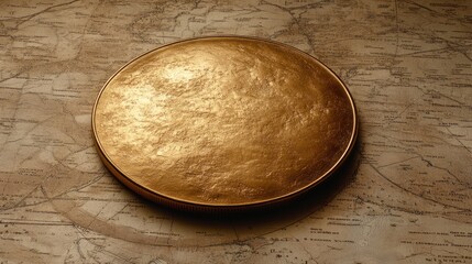 A round, textured, gold-colored plate on a vintage map.
