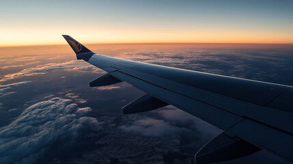 Obraz premium Airplane wing with sunset view over clouds and landscape, showcasing atmospheric travel scene from aircraft window.