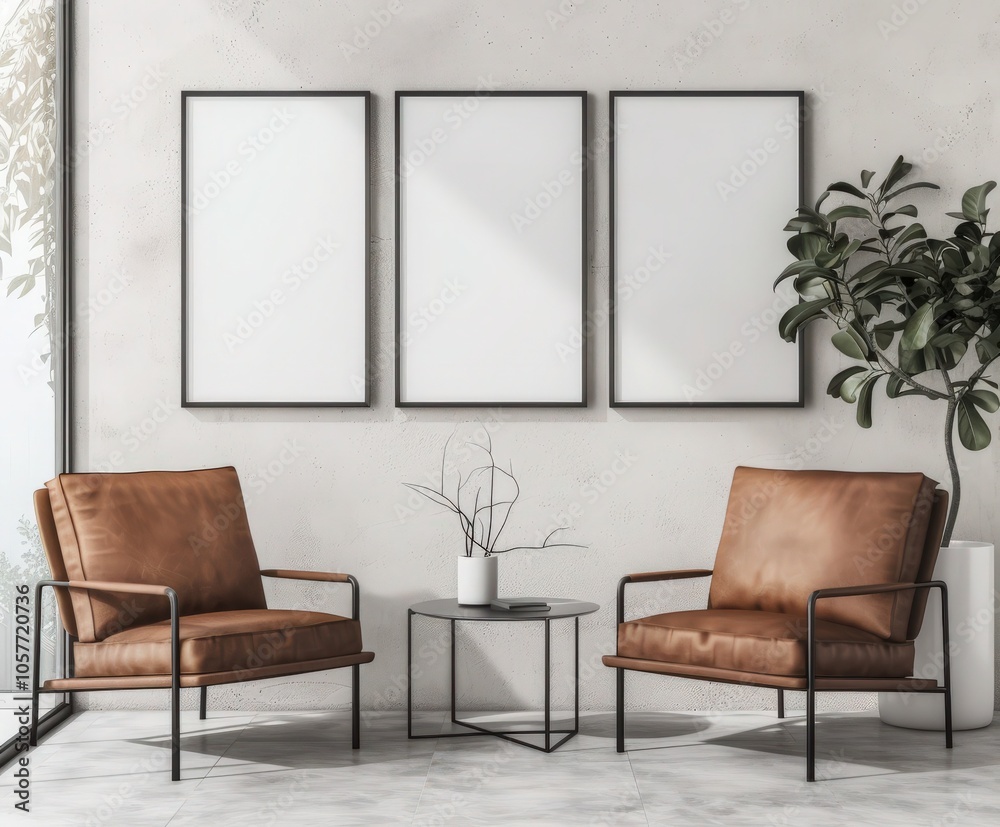 Wall mural two brown leather chairs and a small round glass table with a vase of twigs sitting in a modern room