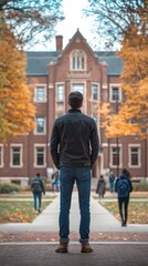 Obraz premium Man Standing in Front of University Campus Building