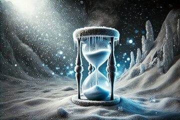 Frozen Hourglass on Snowy Landscape Under Moonlit Sky, Symbolizing Time in Winter Wonderland