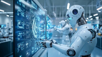 Fototapeta premium A futuristic robot interacts with advanced digital interfaces in a high-tech laboratory setting, showcasing innovation.