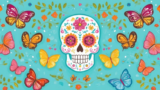 Colorful Sugar Skull with Butterflies and Floral Design