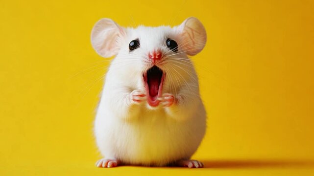 A tiny white mouse with large ears is squeaking, expressing surprise against a cheerful yellow backdrop