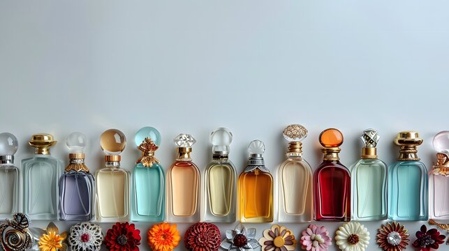 Assorted vintage-style perfume bottles with floral decorations on a white background. Flat lay composition with copy space. Perfume collection concept for design and print