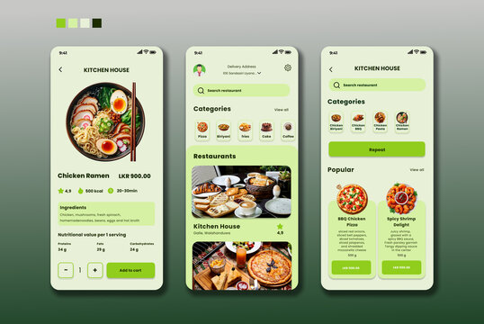 UI, UX, GUI Mobile app design. Food Delivery, Search for Cafes and Restaurants, a selection of dishes, Food app creative logo design.