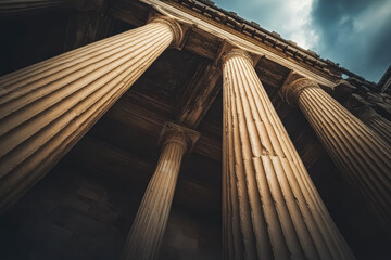 Naklejka premium Group of tall, white pillars that are reminiscent of ancient Greek architecture. The pillars are arranged in a row, with the tallest one in the center and the others on either side