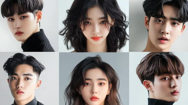 Six young korean people display various hairstyles and expressions, highlighting contemporary fashion. Collage