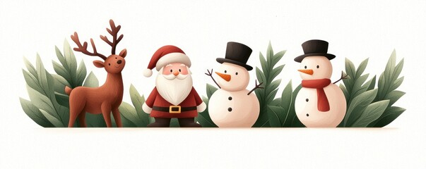 Fototapeta premium Santa Claus with snowmen and reindeer, festive scene on a white isolated background.