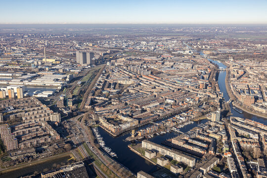 Aerial view Dutch city Rotterdam with residential area and canals