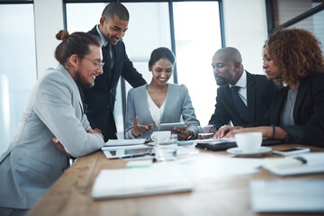 Tablet, meeting and business people in office for teamwork, website review and planning. Corporate, professional and workers on digital tech in boardroom for feedback, online project or collaboration