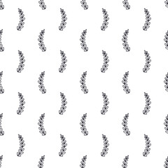Hand drawn seamless pattern with black and white leaves. Doodle foliage repeat background.