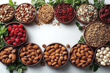 Obraz premium Assorted nuts and berries in wooden bowls with herbs around an empty center