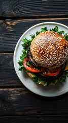 Scrumptious burger on a black table with fresh ingredients, a gourmet presentation perfect for lunch or dinner