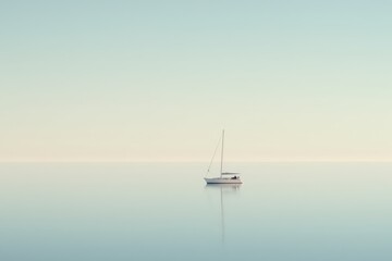 Serene minimalist landscape with lone sailboat on calm sea under clear sky.