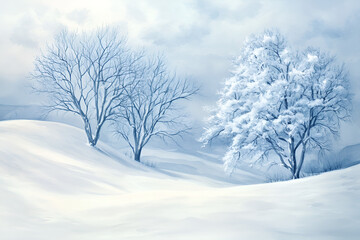 Beautiful winter landscape featuring bare and snow-covered trees under a cloudy blue sky