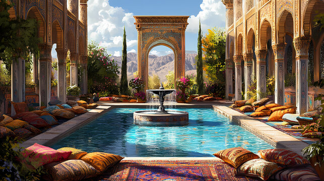 A large pool with a fountain in the middle and a lot of pillows around it. Ancient Persian Garden. Illustration