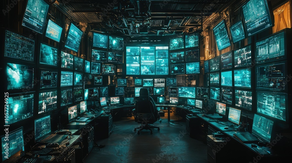 Poster tactical operations room with multiple screens displaying data