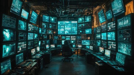 Tactical Operations Room with Multiple Screens Displaying Data