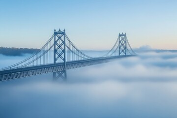 Fototapeta premium Suspension Bridge Emerging from Foggy Landscape