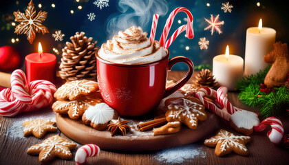 A steaming cup of hot cocoa topped with whipped cream and marshmallows, surrounded by candy canes and gingerbread cookies. A festive, cozy scene perfect for the holiday season.