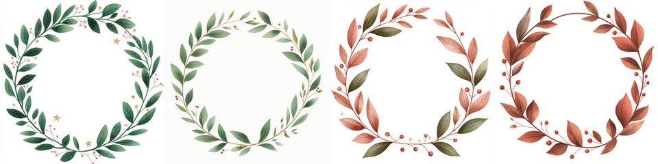 Fototapeta premium Collection of decorative wreaths with green and red leaves, white isolate background.