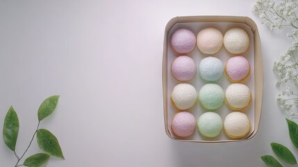 Colorful doughnuts in a cardboard box showcasing a variety of flavors decorated with sprinkles on a bright white background