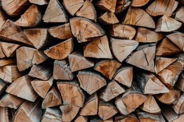 Fototapeta premium Stacked firewood featuring cut logs with natural wood texture