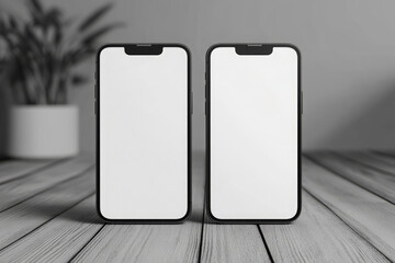 title innovative smartphone mockups two black devices on a wooden table with blank screens