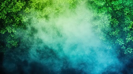 Fototapeta premium Soft mist spray across a forest background, ethereal glow, green and blue hues, photography style, moody lighting, foggy atmosphere, natural beauty