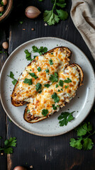 Baked sweet potatoes with beans, vegetables, melted cheese, and fresh cilantro filling