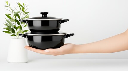 Elegant arrangement of black pots and pans on a minimalist background showcasing culinary artistry and style in modern kitchens