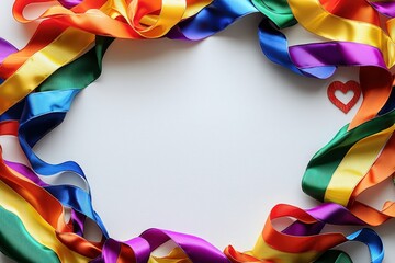 Colorful pride ribbons form a heartfelt border on white background