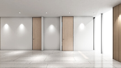 the corridor The casement door opens to the exterior light., 3d rendering