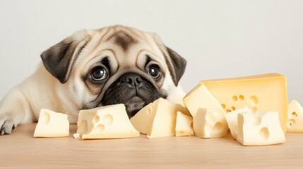 A sad pug puppy awaits cheese delights, lying on the floor in a minimalist space, capturing a moment of longing and curiosity